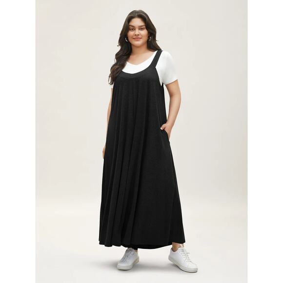 Plus Size 30 6x Adjustable Straps Pockets Stretchy BloomChic Soft Black Jumpsuit - Picture 2 of 6